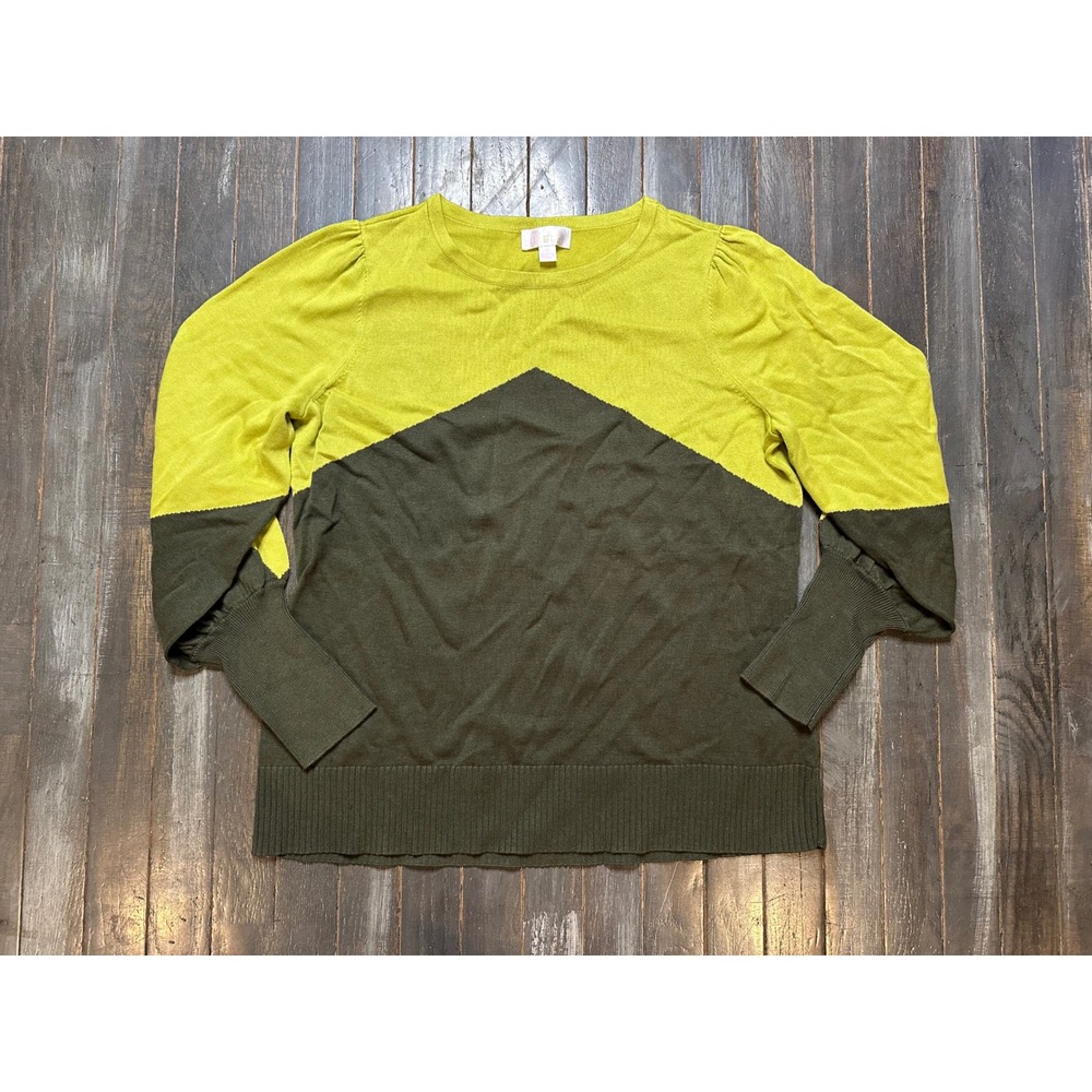 Belle by Kim Gravel Lime Green Olive Colorblock Chevron Sweater